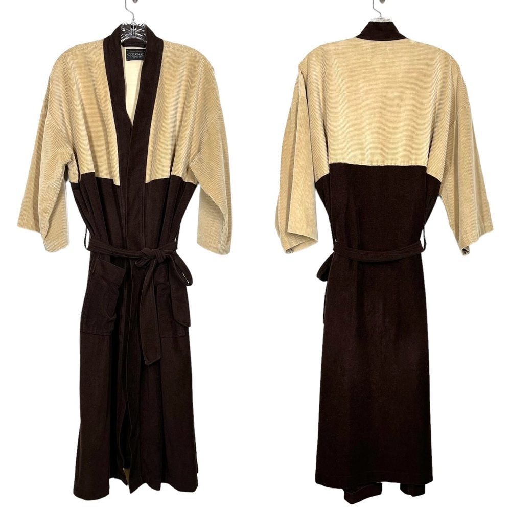 After Hours | Vintage Two-Tone Color-block Corduroy Loungewear Robe - Brown/Tan